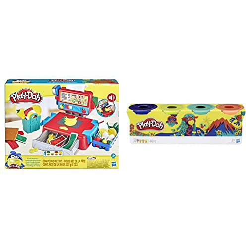 Play-Doh E68905L0 Supermarkt-Kasse Spielzeug für Kinder ab 3 Jahren mit lustigen Geräuschen, Zubehör und 4 Farben & E4867ES0 4er Pack WILD, Knete für fantasievolles und kreatives Spielen von Play-Doh