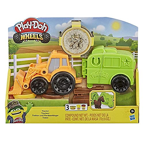Play-Doh Räder Traktor Bauernhof Truck Spielzeug für Kinder ab 3 Jahren mit Pferdeanhänger Form und 3 Dosen ungiftiger Modelliermasse, F1012, Multi, ‎9.19 x 38.1 x 21.59 cm von Play-Doh