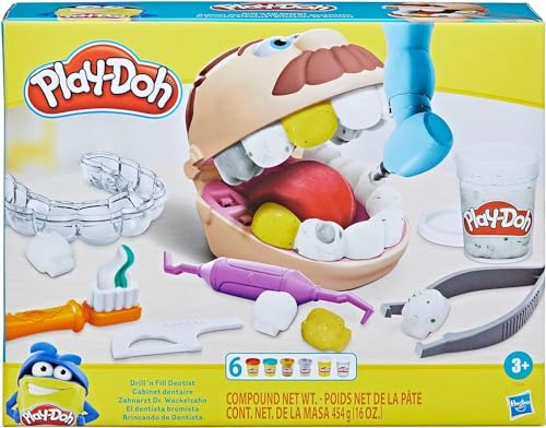 Play-Doh Zahnarzt Dr. Wackelzahn, Spielzeug für Kinder ab 3 Jahren mit Kariesknete und metallfarbener Knete, 10 Knetwerkzeugen, 8 Dosen à 56 g von Play-Doh