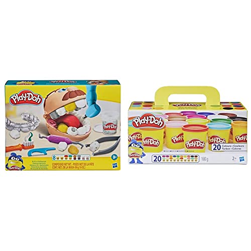 Play-Doh F1259 Zahnarzt Dr. Wackelzahn, Spielzeug für Kinder ab 3 Jahren mit Kariesknete und metallfarbener Knete, 10 Knetwerkzeugen, 8 Dosen à 56 g & A7924EUC Super Farbenset (20er Pack) von Play-Doh