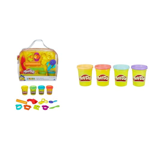 Play-Doh Hasbro B1169EU40 Starter Set mit 9 Werkzeugen und 4 Dosen Knete & 4erPack Sweet, tolle Farben für Kinder ab 2 Jahren, 112gDosen (pink, hellblau, Hellorange, lila) von Play-Doh