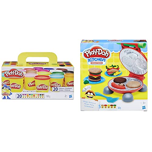 Play-Doh Hasbro Burger Party, inklusive Knetpresse für Burger und 5 Dosen Knete, für Kinder ab 3 Jahren & A7924EUC Super Farbenset (20er Pack), Knete für fantasievolles und kreatives Spielen von Play-Doh