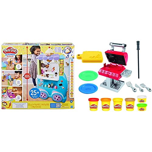 Play-Doh Kitchen Creations Großer Eiswagen, Spielset mit 27 Accessoires & Kitchen Creations Grillstation Spielset für Kinder ab 3 Jahren mit 6 Farben und 7 Zubehörteilen, Mehrfarbig von Play-Doh