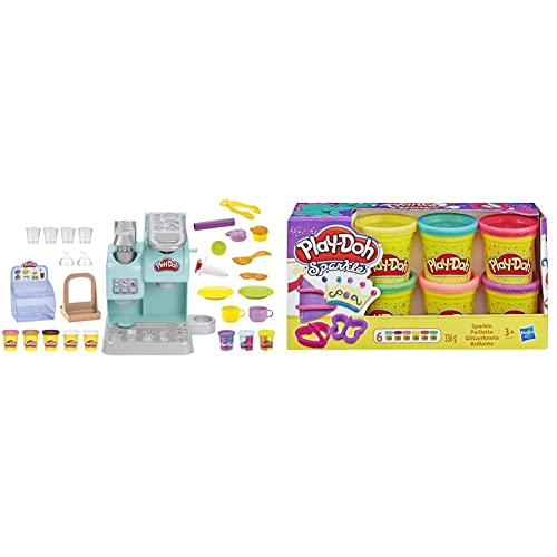 Play-Doh Kitchen Creations Knetspaß Café, Café-Spielset mit 20 Accessoires und 8 Dosen zweifarbige Knete & Glitzerknete 6er-Pack Play-Doh Knete in 56g-Dosen von Play-Doh