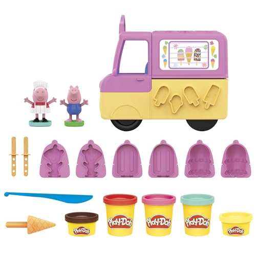 Play-Doh Peppas Eiswagen Bastel-Set, 3 x56g Dosen und 2 x 28 g Dosen Modelliermasse, Peppa und Schorsch Figuren und viele Accessoires und Formen, kreatives für Kinder ab 3 Jahren von Hasbro Play-Doh