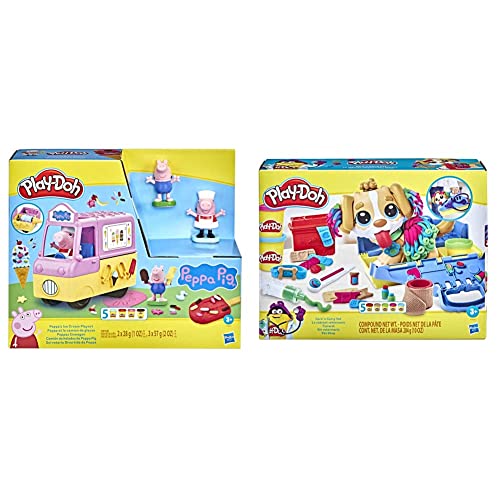 Play-Doh Peppas Eiswagen Spielset, Peppa und Schorsch Figuren und 5 Dosen & F3639 Tierarzt Spielset mit Spielzeughund, Tragebox, 10 Knetwerkzeugen und 5 Farben, Mehrfarbig, 1er Pack von Play-Doh