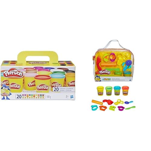 Play-Doh Starter Set mit 9 Werkzeugen und 4 Dosen Knete, Kreativset für unterwegs & A7924EUC Super Farbenset (20er Pack), Knete für fantasievolles und kreatives Spielen von Play-Doh