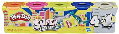 Play-Doh Super Silver 5er Pack ungiftige Farben inkl. 1 Super Silver Dose, 118 ml Dosen von Play-Doh