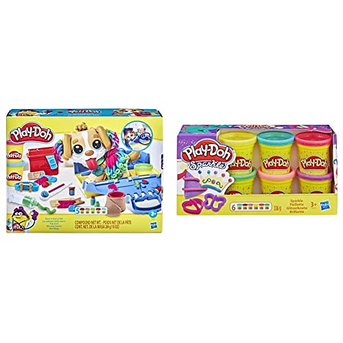 Play-Doh Tierarzt Spielset mit Spielzeughund, Tragebox, 10 Knetwerkzeugen und 5 Farben, F3639 & PlayDoh A5417EU9 A5417EU8 Glitzerknete für fantasievolles und kreatives Spielen, Multicolor von Play-Doh