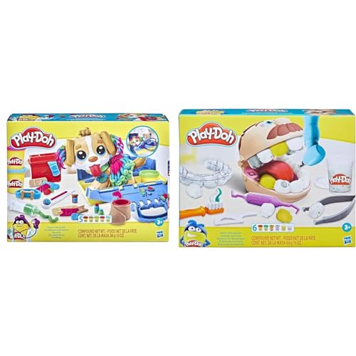 Play-Doh Tierarzt Spielset mit Spielzeughund, Tragebox, 10 Knetwerkzeugen und 5 Farben & F1259 Zahnarzt Dr. Wackelzahn, Spielzeug für Kinder ab 3 Jahren mit Kariesknete und metallfarbener Knete von Play-Doh