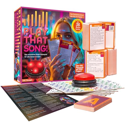 Play That Song! – Neues Musikpartyspiel - 500 Playcards, 3000 Fragen - Musik Quiz Spiel mit App, QR-Code & Buzzer - Heitere Hitstar Partyspiele für Erwachsene, Jugendliche, Familien & Geburtstage von Play That Song!