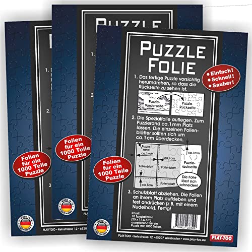 Play-Too 3er Set Puzzlefolie 30 Blatt! Puzzlekleber! Einfach! Schnell! Sauber! hält Superfest! Optimal für 3 x 1000 Teile oder 6 x 500 Teile Puzzle von Play-Too