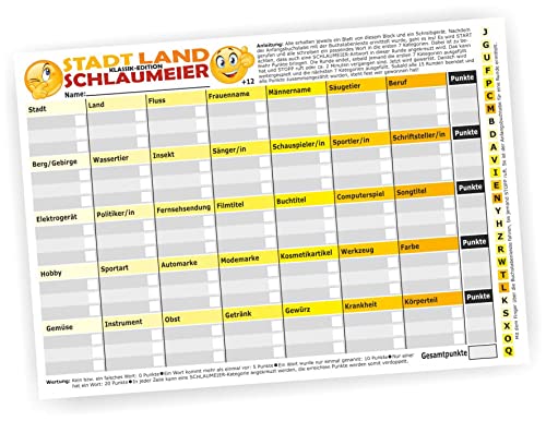 Play-Too Stadt Land Schlaumeier Klassiker Edition Gesellschaftsspiel Din A4 Block 50 Blätter von Play-Too