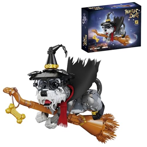 PlayExquizen Magie Hunde Baustein Bausatz, 1298 Teile Magie Schnauzer Hunde Baustein mit Besen, Tier Klemmbausteine Modell Spielzeug, Heim Büro Dekoration, Geschenk für Erwachsene und Kinder von PlayExquizen