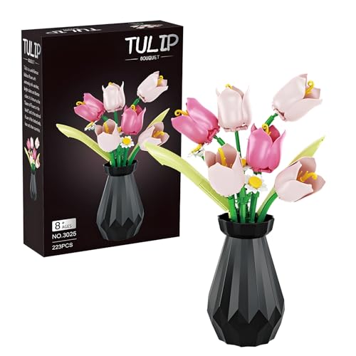 PlayExquizen Tulpe Blumen Bausatz mit Vase, 223 Teile Blumen Pflanzen Klemmbausteine für Erwachsener, Künstliche Blumenstrauß Baustein Bausatz, Heim Dekoration, Geschenke für Kinder, Erwachsener von PlayExquizen