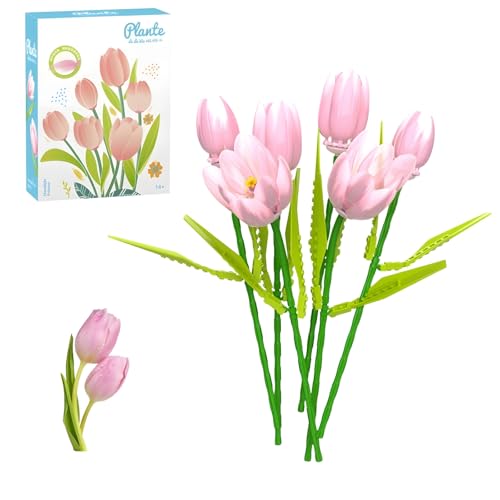 Tulpe Blumenstrauß Bausteine Bausatz, Künstliche Blumen Pflanzen Klemmbausteine, Pflanzenserie Sträuße Baustein Modell, Heim Desktop Dekoration, Geschenke für Frau Erwachsene und Kinder (Rosa) von PlayExquizen