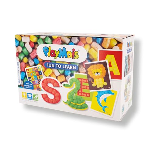 PlayMais Fun to Learn ABC Bastel-Set für Kinder ab 3 Jahren I Motorik-Spielzeug mit 550 Stück & 14 Motiv-Vorlagen zum Basteln I Fördert Kreativität & Feinmotorik I Natürliches Spielzeug von PlayMais