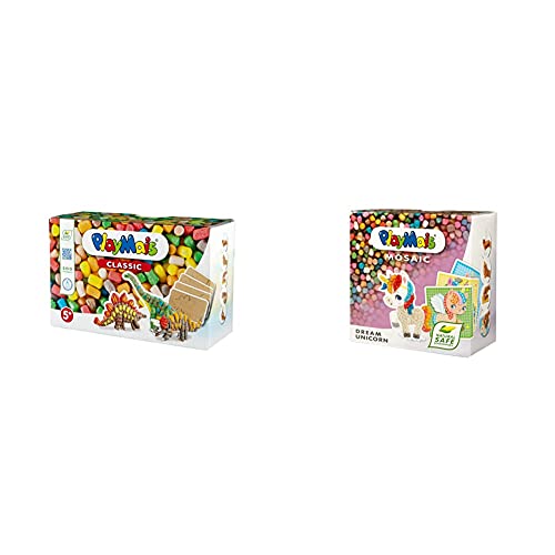 PlayMais 160506 Fun to Play Dinosaur Bastelset, bunt & Mosaic Dream Unicorn Kreativ-Set zum Basteln für Mädchen ab 5 Jahren | Über 2.300 6 Mosaik Klebebilder mit Einhörnern von PlayMais