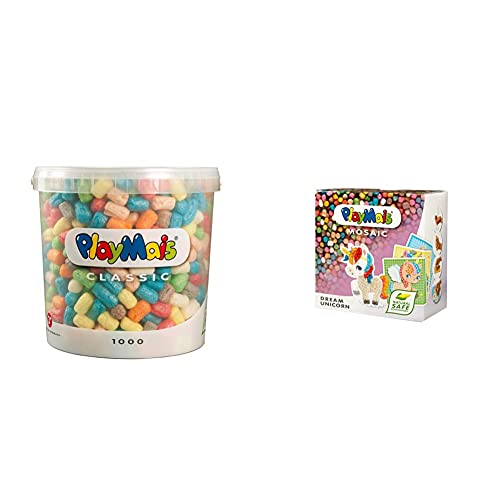 PlayMais Basic 1000 Bastel-Set für Kinder ab 3 Jahren I Bunte Basteln & MOSAIC Dream Unicorn Kreativ-Set zum Basteln für Kinder ab 5 Jahren | Über 2.300 Stück & 6 Mosaik Klebebilder von Playmais