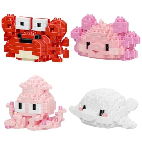 PlaySynthe 4 Sztz Mini Tier Bausteine: Axolotl, Krabbe, Oktopus, Belugawal, Meerestiere Mikro Klemmbausteine, Tier Modell Spielzeug Bausatz, Geschenke für Erwachsene und Kinder, 813 Teile von PlaySynthe