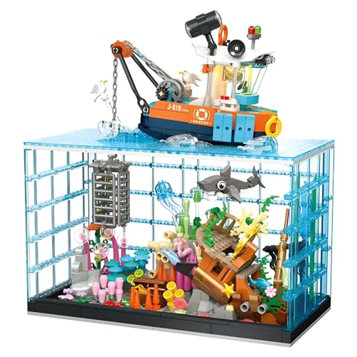 PlaySynthe Aquarium Bausteine, 830 Teile Aquarium Klemmbausteine, Hai Qualle Fischerboot Bausteine Bausatz, Meerestiere Bausatz Modell Spielzeug, Geschenk für Kinder und Erwachsene von PlaySynthe