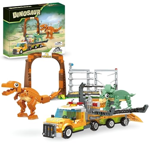 PlaySynthe Dinosaurier Bausteine, 625 Teile Tynosaurus Rex Triceratops Transport LKW Klemmbausteine, STEM Dinosaurierwelt Tier Bausatz Modell Spielzeug, Geschenk für Erwachsene und Kinder von PlaySynthe