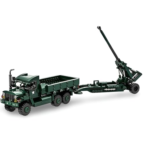PlaySynthe Militärfahrzeug Bausteine, 485 Teile M35A2 LKW + M198 Haubitze Klemmbausteine, WW2 Panzer Modell Bausteine, Panzer Bausatz Modell Spielzeug, Geschenke für Militärfans von PlaySynthe