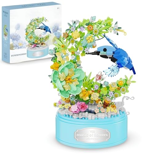 PlaySynthe Mondblumen Spieluhr Bausteine, 788 Teile Mikro Blauem Vogel und Blume Bauspielzeug, Mini Vogel Klemmbausteine, STEM Mini Tiere Bausatz Modell, Geschenk für Kinder und Erwachsene von PlaySynthe