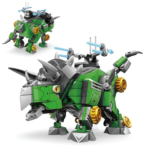 PlaySynthe Technik Dinosaurier Bausteine, 414 Teile Mechanisierter Triceratops Klemmbausteine, STEM Tier Bausatz Modell Spielzeug, Geschenk für Erwachsene und Kinder von PlaySynthe