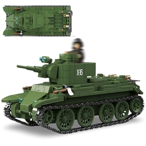 PlaySynthe Technik Panzer Bausteine Bausatz, 675 Teile BT-7 Schnell Panzer Klemmbausteine, WW2 Militär Gepanzertes Fahrzeug Bausateine Modell, Geschenke für Militärfans und Erwachsene von PlaySynthe
