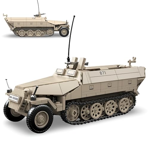 PlaySynthe Technik Panzer Bausteine Bausatz, 714 Teile Halbkettenfahrzeug Panzer Klemmbausteine, WW2 Militär Gepanzertes Fahrzeug Bausteine Modell, Geschenke für Erwachsene und Militärfans von PlaySynthe