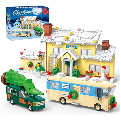PlaySynthe Weihnachts Bausteine, 650 Teile Weihnachts Schneedorf Pickup Garage Wohnmobil Klemmbausteine, Weihnacht Architektur Bausatz Modell Spielzeug, Geschenk für Erwachsene und Kinde von PlaySynthe