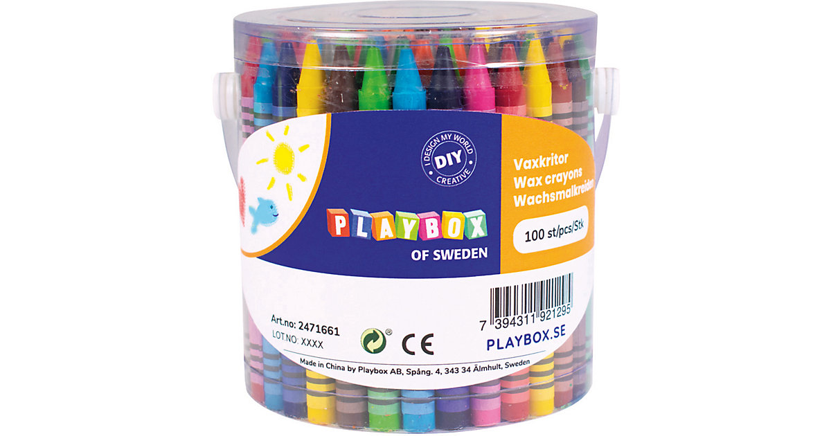 Wachsmalkreiden 100 Stück in 15 Farben in Kunststoffeimer von Playbox