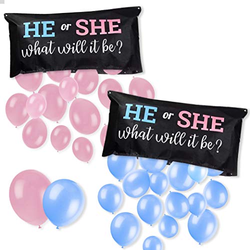 Party-Dekoration für Babyparty, Schwangerschaft, mit Aufschrift "He or She, What Will it Be?", inkl. rosa und blauen Luftballons von Playcrate