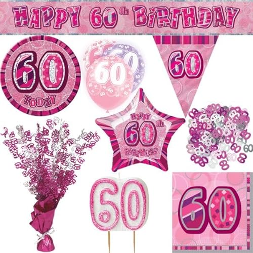 Playflip Partyset 60. Geburtstag Deko pink Zahl Party Dekoration Set Geburtstagsdeko Jubiläum von Playflip