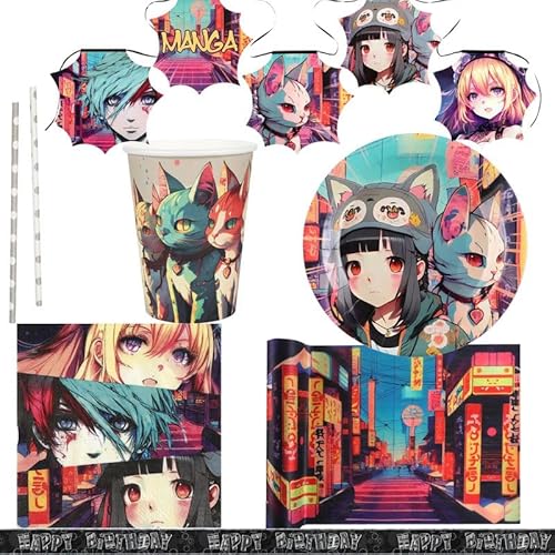 XL Partyset Manga Anime Party Deko Set Kindergeburtstag Katze Teller Becher Servietten XL Partyset Manga Anime Party Deko Set Kindergeburtstag Katze Teller Becher Servietten von Playflip