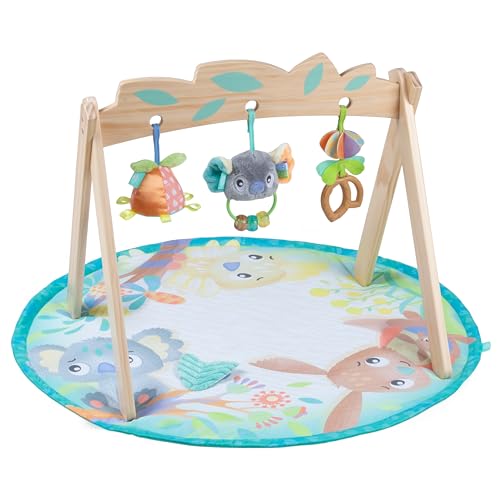 Playgro Fauna Friends Baby Activity Gym aus Holz – Baby-Spielmatte für den Boden mit 3 hängenden Spielzeugen – Dschungel-Thema, Baby-Fitnessstudio für sensorische Entwicklung, Spielmatte aus Holz für von Playgro
