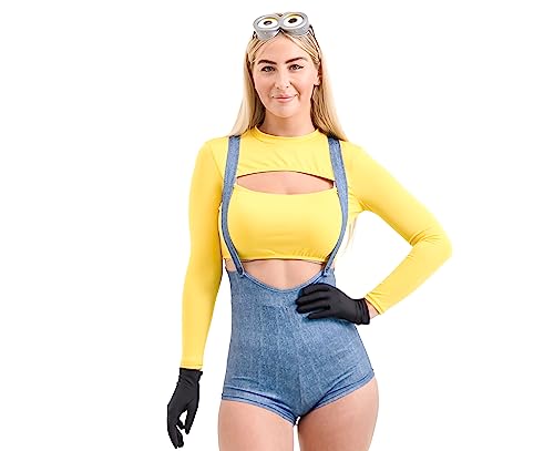 Gelbes Mini-Arbeiter-Kostüm für Damen, Cosplay, Halloween-Kostüm, sexy Mini-Worker-Outfit, 5-teiliges Set (M/L) von Playhaus Costumes