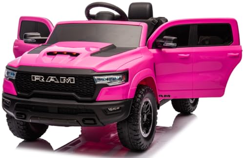 Playhouse Dodge RAM 1500, 2 Motoren - 90W, Bluetooth, Schlüssel, Ledersitz, 4 Stoßdämpfer, Eva Räder, 12V 7ah, Fernbedienung, Kinderauto Kinderfahrzeug Kinder Elektroauto (Rosa) von Playhouse