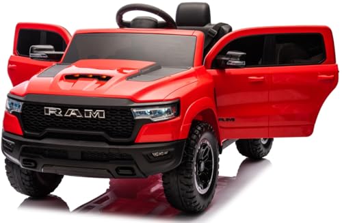 Playhouse Dodge RAM 1500, 2 Motoren - 90W, Bluetooth, Schlüssel, Ledersitz, 4 Stoßdämpfer, Eva Räder, 12V 7ah, Fernbedienung, Kinderauto Kinderfahrzeug Kinder Elektroauto (Rot) von Playhouse