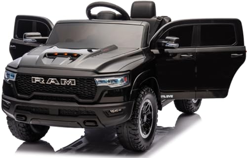 Playhouse Dodge RAM 1500, 2 Motoren - 90W, Bluetooth, Schlüssel, Ledersitz, 4 Stoßdämpfer, Eva Räder, 12V 7ah, Fernbedienung, Kinderauto Kinderfahrzeug Kinder Elektroauto (Schwarz) von Playhouse