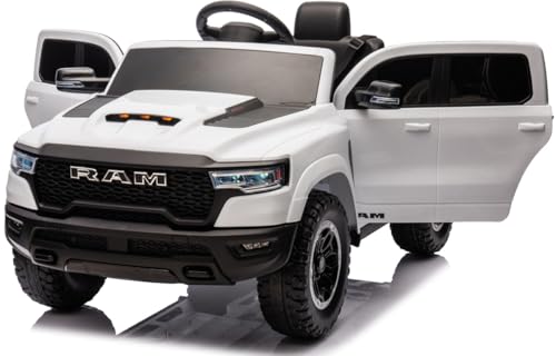 Playhouse Dodge RAM 1500, 2 Motoren - 90W, Bluetooth, Schlüssel, Ledersitz, 4 Stoßdämpfer, Eva Räder, 12V 7ah, Fernbedienung, Kinderauto Kinderfahrzeug Kinder Elektroauto (Weiß) von Playhouse