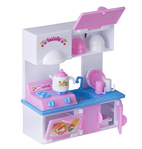 Playkidiz Mini Puppe Küche Playset: Pretend Play Mini-Puppe mit super dauerhaften Küchenzubehör für Kinderpuppenhaus oder einfach Spaß (rosa Küche) von Playkidiz
