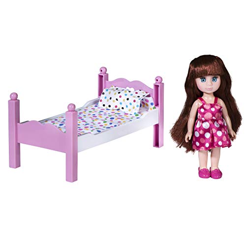 Playkidiz Mini Puppen-Schlafzimmer-Playset: Pretend Play Brunet Mini-Puppe mit super dauerhaftem Bett, Spiegel und Stuhl für Kinderpuppenhaus oder einfach Spaß spielen. von Playkidz