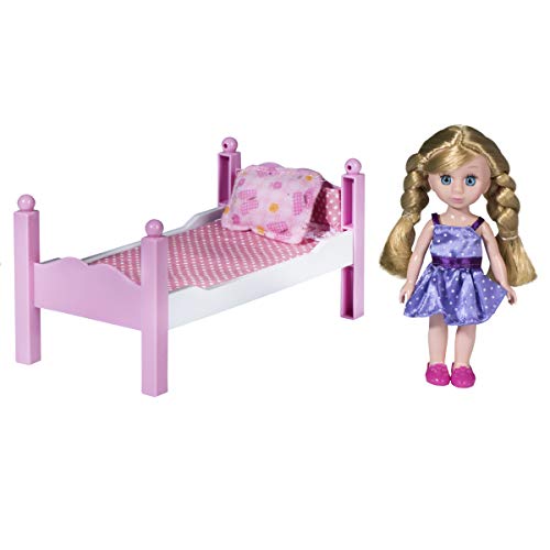 Playkidiz Mini Puppen-Schlafzimmer-Playset: Pretend Play Mini Blonde Puppe mit super dauerhaftem Bett, Spiegel und Stuhl für Kinderpuppenhaus oder einfach nur Spaß spielen. von Playkidz
