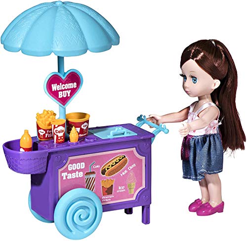 Playkidiz Mini Puppe Food PlaySet: Pretend Play Brunet Mini-Puppe mit super langlebigem Essen Push Cart für Kinderpuppenhaus oder einfach Spaß von Playkidz