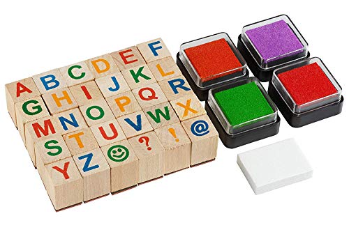 Moore Art 2424.0 Premium Holz Alphabet Stempel Set-Großbuchstaben Briefmarken mit 4 Farbe Stempelkissen, 34 Stück von Playmags