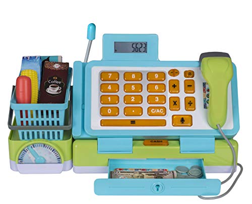 Playkidiz Interaktives Spielzeugkasse für Kinder- Kasse Spielzeug- beinhaltet Spielgeld Handheld Real Scanner Arbeitswaage und Taschenrechner, Live-Mikrofon Food Boxes Kunststofffrucht & Korb von Playkidiz