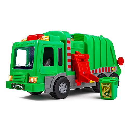 Playkidz Kinder 15-Zoll-Müllwagen-Spielzeug mit Lichtern, Geräuschen und Manuellen Mülleimerdeckeln, Interaktives Frühlernspiel für Kinder, Innen- und Außenbereich Sicher, grün von Playkidiz