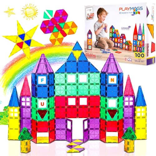 Playmags Magnetische Bausteine - 100 Stück Super Set: Mit stärksten Magneten garantiert, robust, super haltbar mit lebendigen klaren Farbe Fliesen. 18-teiliges Clickins-Zubehör von Playmags